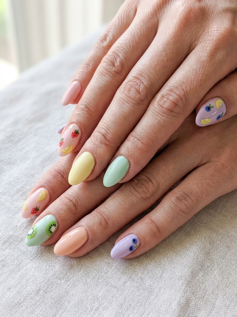 Pastel Fruit Nails mit soften Fruchtmotiven in Pastellfarben
